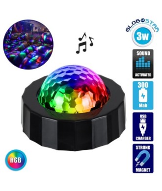 GloboStar® 81844 Φορητό Διακοσμητικό Φωτιστικό Ειδικών Φωτορυθμικών Εφέ PARTY Disco LED 3W DC 5V 300mAh Επαναφορτιζόμενο - Sound Activated - Καλώδιο Τροφοδοσίας USB - Βάση με Μαγνήτη - Πολύχρωμo RGB IP20 Μ7.5 x Π7.5 x Υ4.5cm